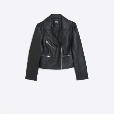 Black faux leather puff sleeve biker jacket