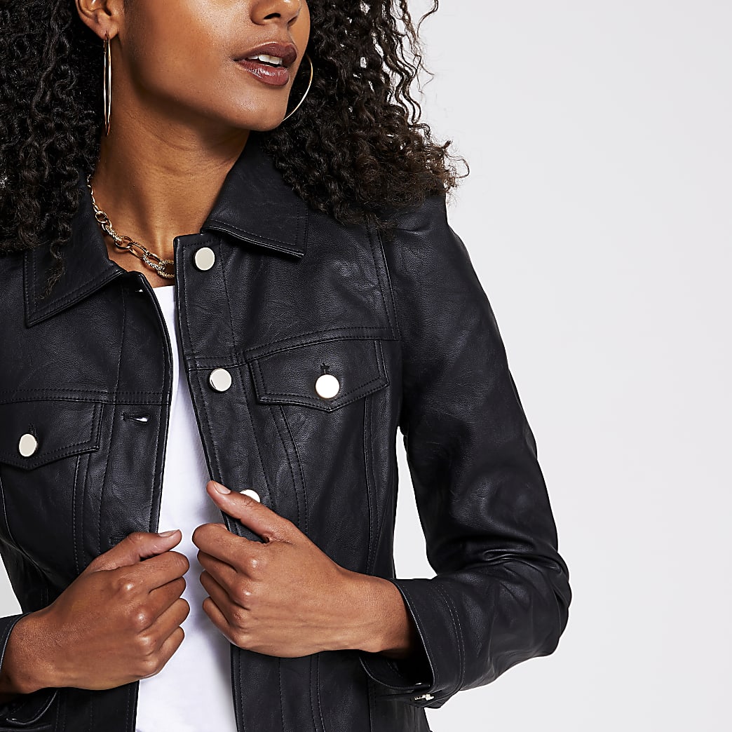 Black faux leather puff sleeve jacket | River Island