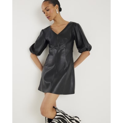 Black Faux Leather Puff Sleeve Mini Dress