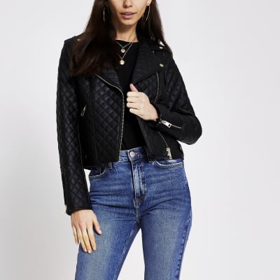 Black faux leather quilted biker jacket River Island