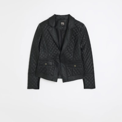 Black Faux Leather Quilted Blazer River Island 7975