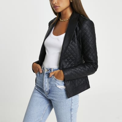 River island black leather hot sale coat