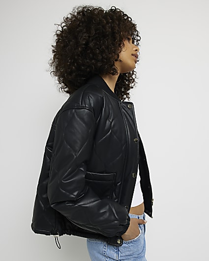 Black faux leather quilted bomber jacket