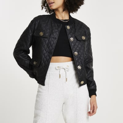 Black Faux Leather Quilted Bomber Jacket River Island 