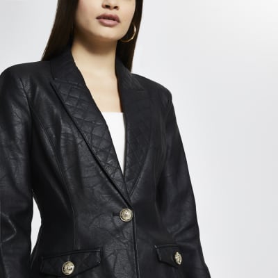Black Faux Leather Quilted Detail Blazer River Island 2972