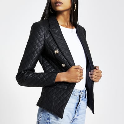 Black Faux Leather Quilted Jacket River Island 