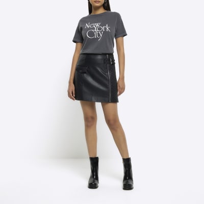 Black faux leather quilted mini skirt River Island