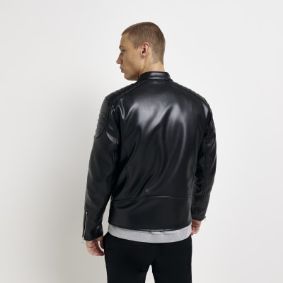 Black faux leather racer jacket River Island
