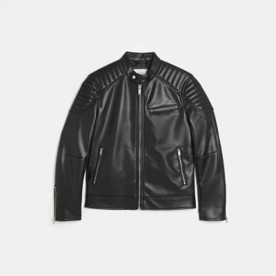 Black faux leather racer jacket River Island