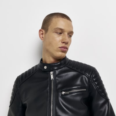 Black faux leather racer jacket River Island