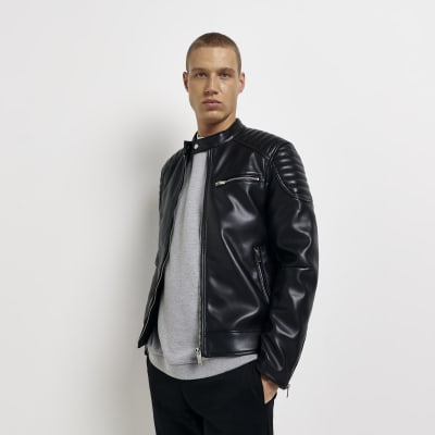 Black faux leather racer jacket | River Island