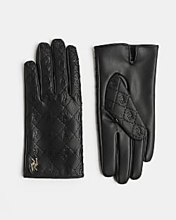Black faux leather RI embossed gloves