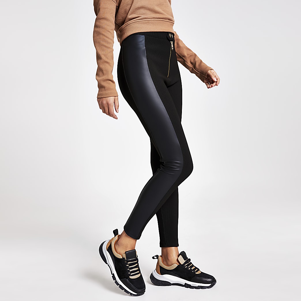 Black faux leather ribbed blocked leggings | River Island