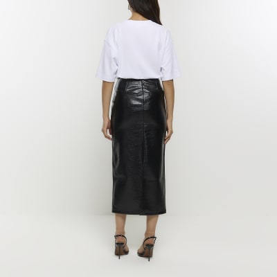 Black faux leather seamed midi skirt River Island