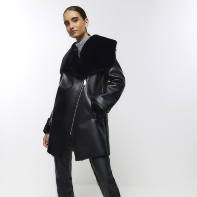 Black faux leather shearling jacket best sale