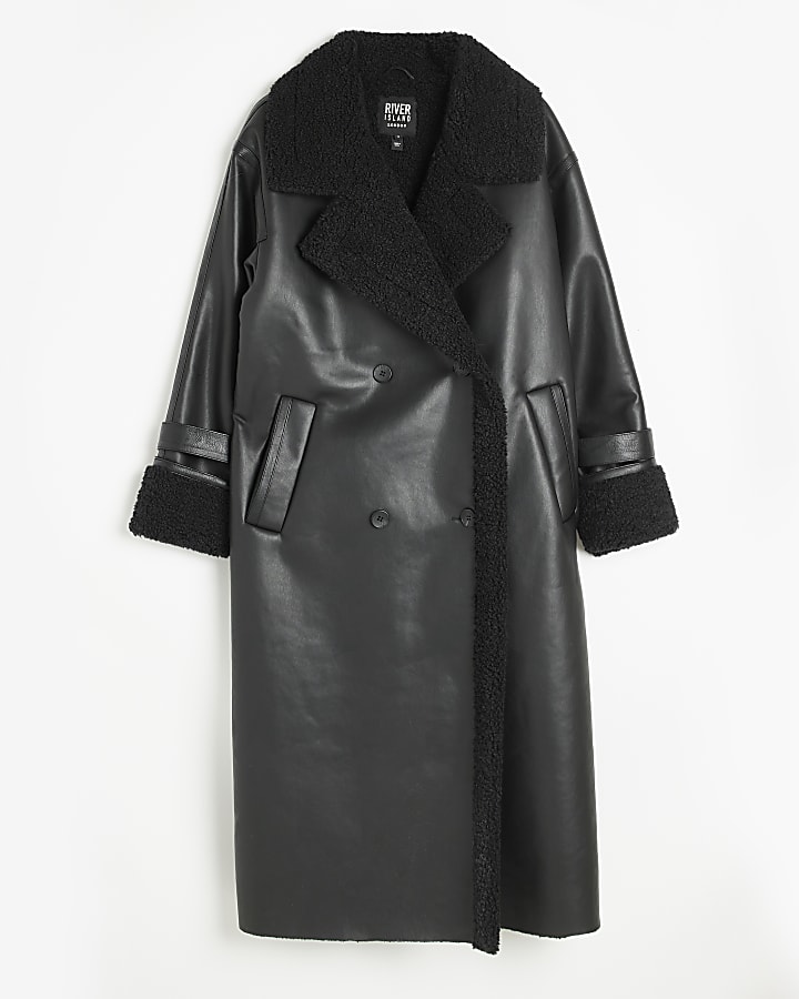 Black faux leather shearling longline coat