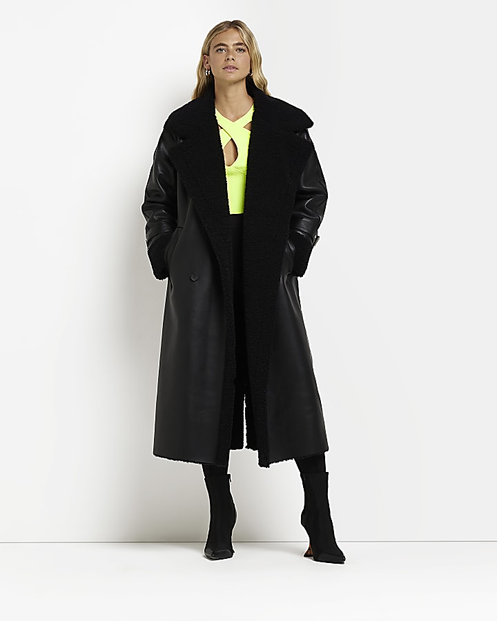 Black faux leather shearling longline coat
