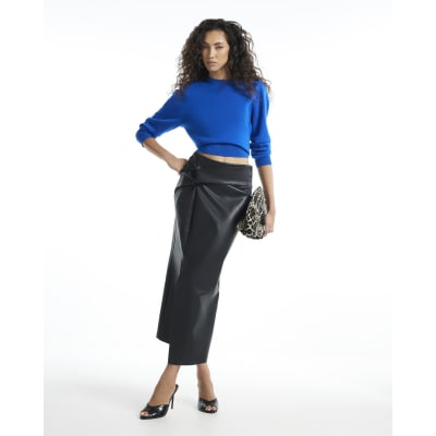 Faux Leather Side Twist Midi Skirt