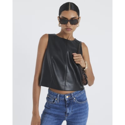 Black Faux Leather Sleeveless Top