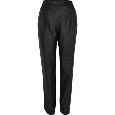 Black faux leather slim joggers