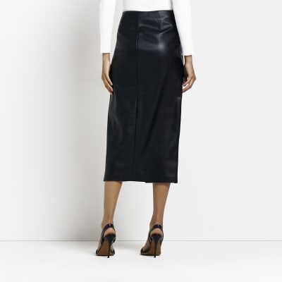 Black faux leather split hem midi skirt | River Island