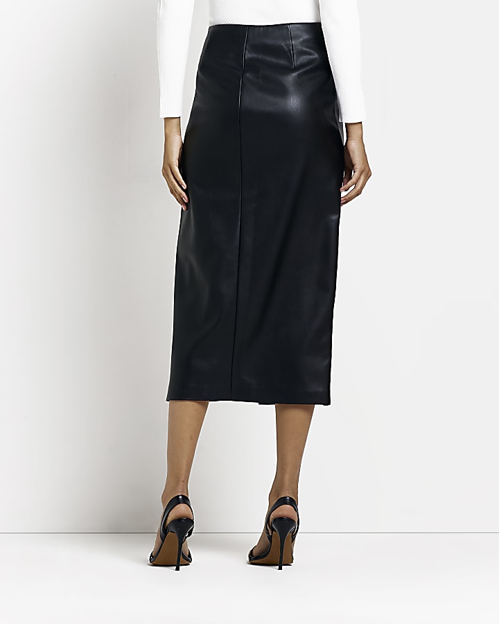 Black faux leather split hem midi skirt
