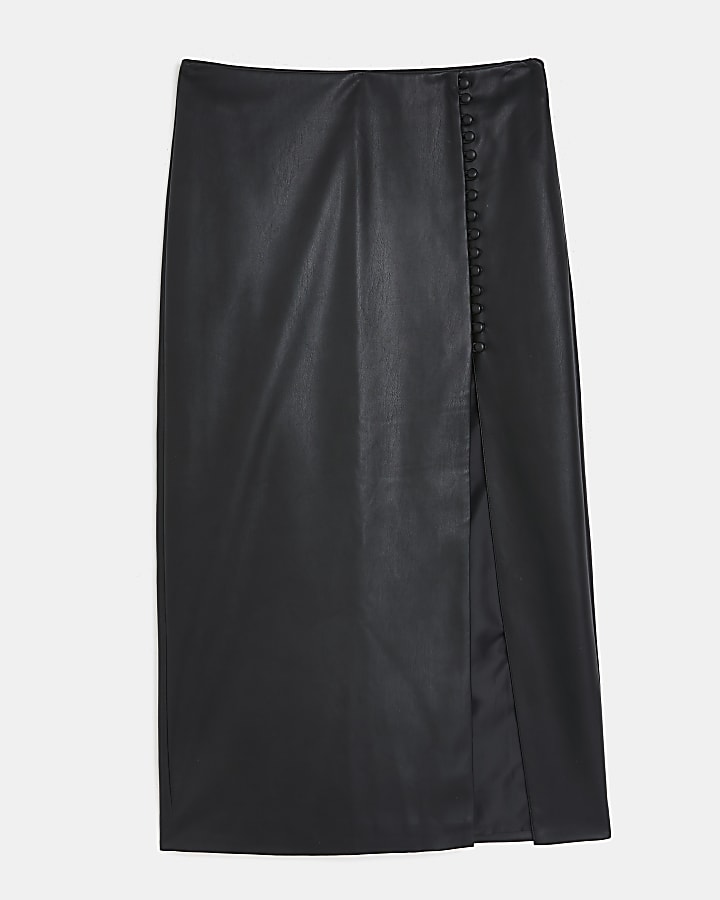 Black faux leather split hem midi skirt