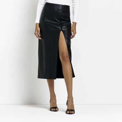Black faux leather split hem midi skirt River Island