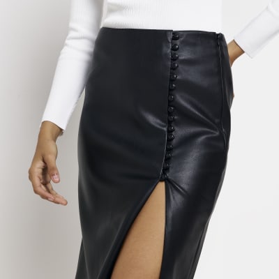Black faux leather split hem midi skirt | River Island