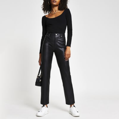 faux leather straight leg trousers