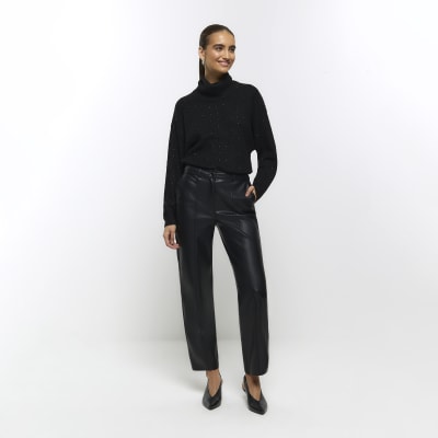 Black faux leather straight leg trousers | River Island