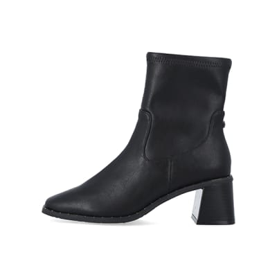 Black faux leather stud block heel boots | River Island