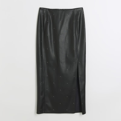 Black faux leather studded midi skirt | River Island