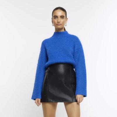 Black faux leather studded mini skirt | River Island