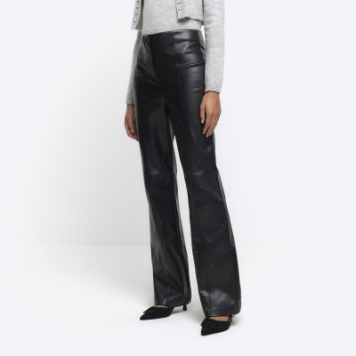 Black faux leather studded straight trousers | River Island