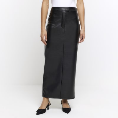 Black faux leather tailored maxi skirt | River Island