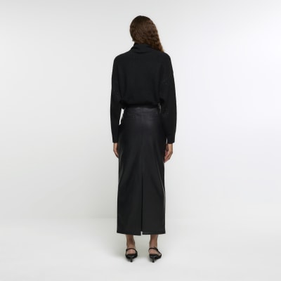 Black faux leather tailored midi skirt River Island