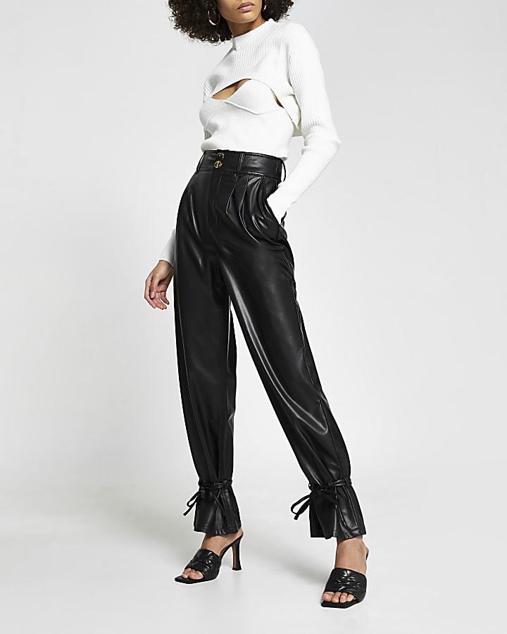Black faux leather tie bottom trousers