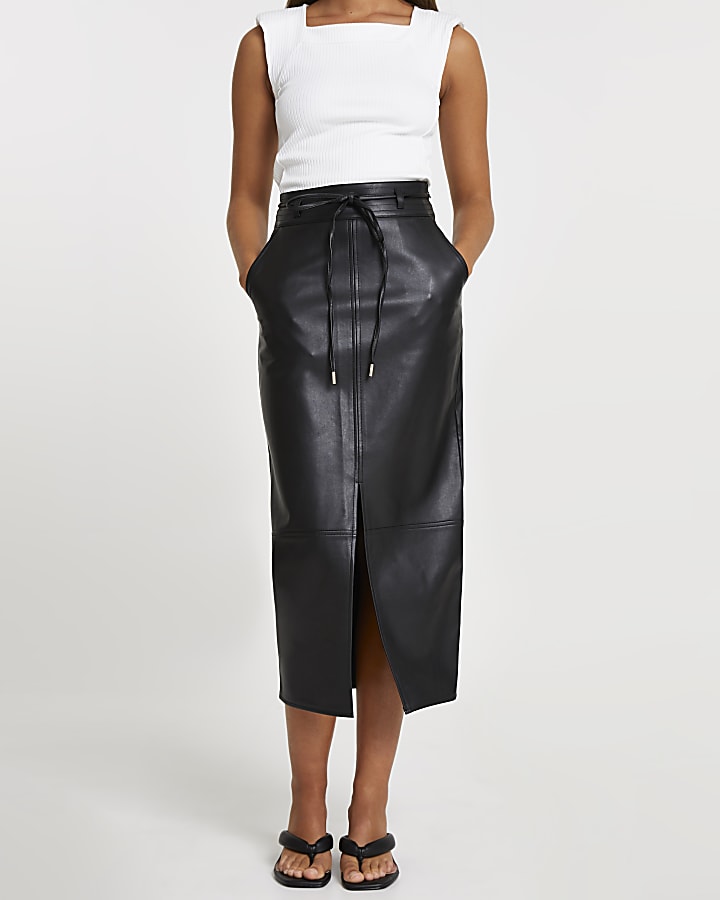 Black faux leather tie waist midi skirt