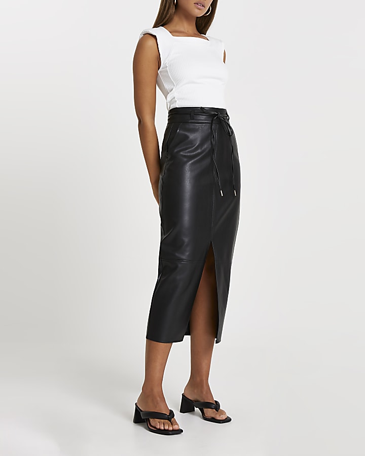 Black faux leather tie waist midi skirt
