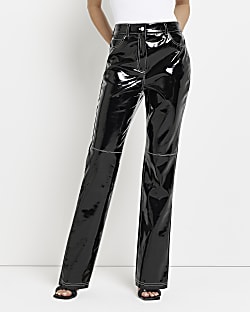 Black faux leather vinyl straight trousers
