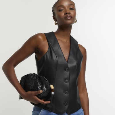 Black faux leather waistcoat