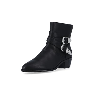 Black faux leather western ankle boots | River Island