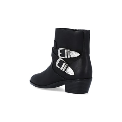 Black faux leather western ankle boots | River Island