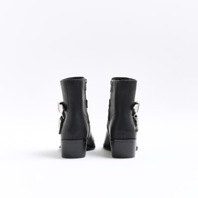 Black faux leather western ankle boots River Island