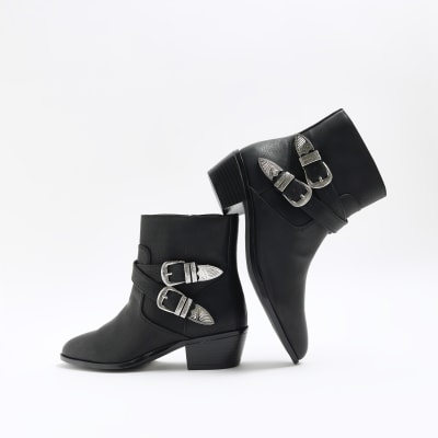 Black faux leather western ankle boots River Island