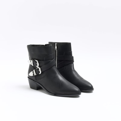 Black faux leather western ankle boots River Island