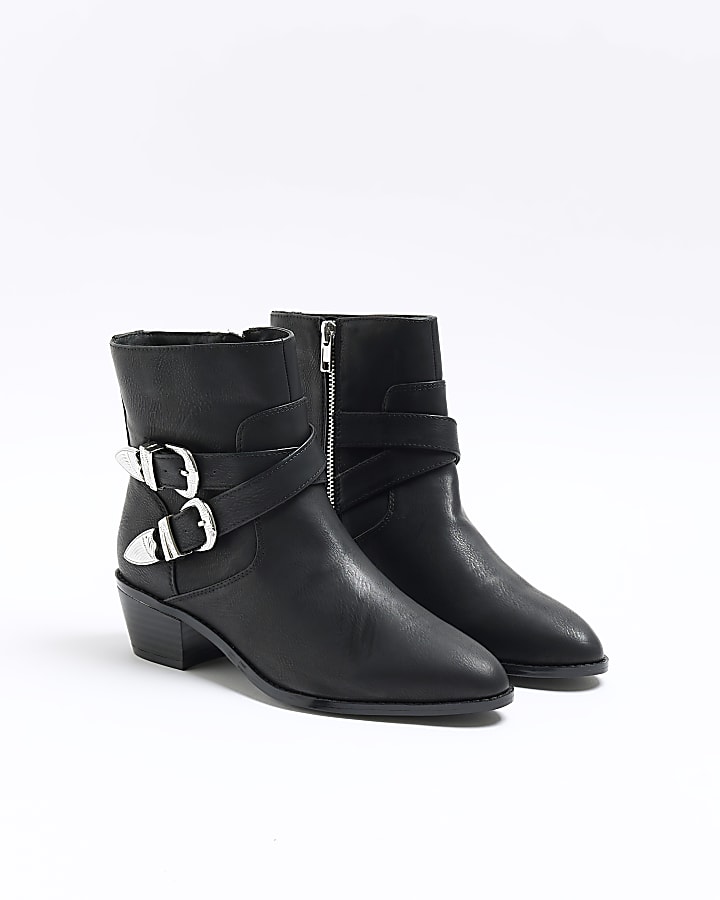 Black faux leather western ankle boots | River Island