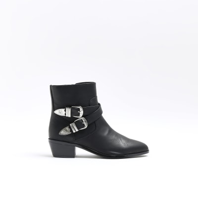 Black faux leather western ankle boots | River Island