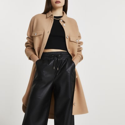 Black faux leather wide leg joggers